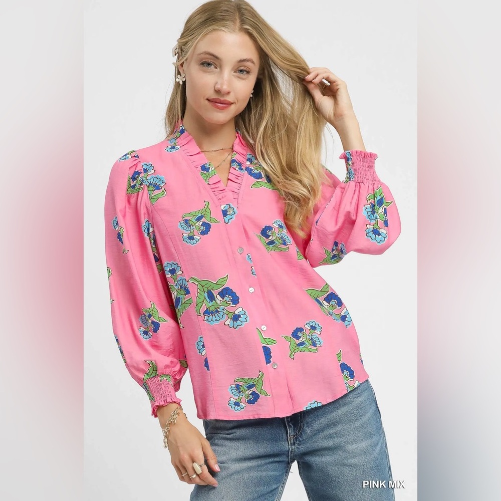 Umgee Pink Floral Blouse with Blue Accents